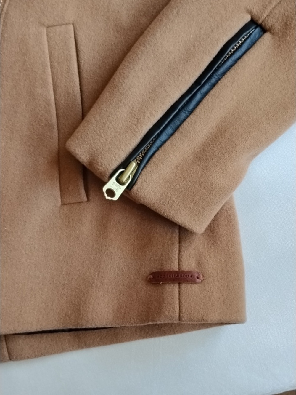 NWOT Scotch & Soda Wool Blend Moto Bomber Jacket S Camel Leather Trim - Picture 7 of 12